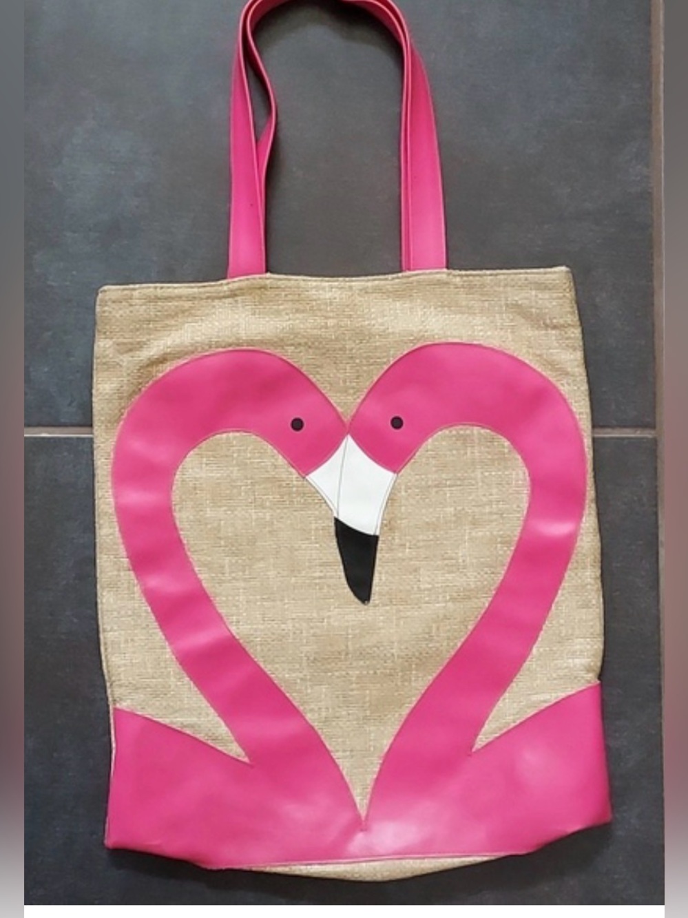 Transversion brand pink flamingo wicker and vinyl tote bag